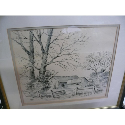 531A - Pair of framed Ink drawings of rural village scenes, 1x church and 1x farm building. Signed Voss in ... 