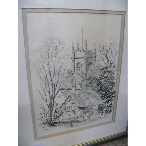 531A - Pair of framed Ink drawings of rural village scenes, 1x church and 1x farm building. Signed Voss in ... 