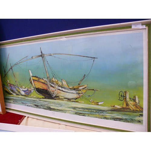 505 - 1970's framed print of boats on the sea shore - 'Beached' by Euan Fraser. Plate size 16