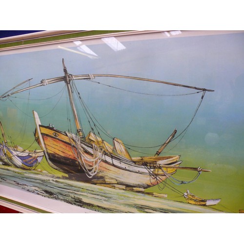 505 - 1970's framed print of boats on the sea shore - 'Beached' by Euan Fraser. Plate size 16