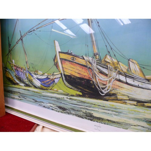 505 - 1970's framed print of boats on the sea shore - 'Beached' by Euan Fraser. Plate size 16