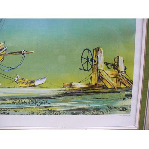 505 - 1970's framed print of boats on the sea shore - 'Beached' by Euan Fraser. Plate size 16