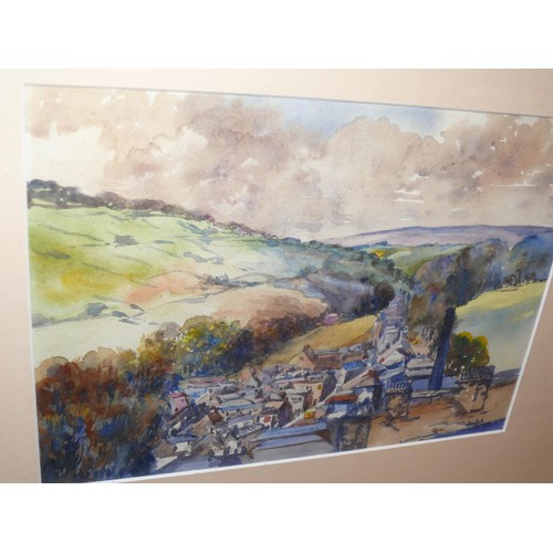 521 - Original 20thC watercolour of a northern valley village, possibly Yorkshire, with a colliery chimney... 