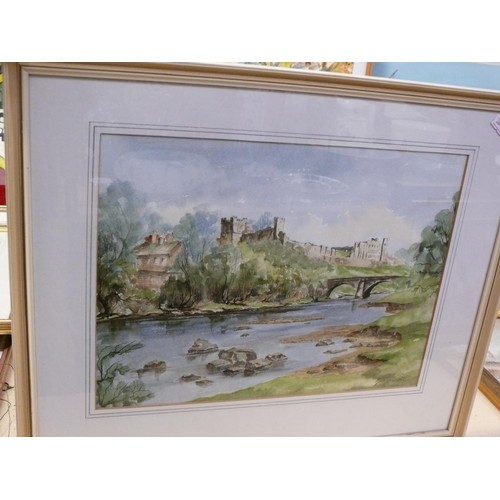 519 - Original 20thC watercolour of castle ruins next to a river. Signed by Gladys Scott, framed and glaze... 