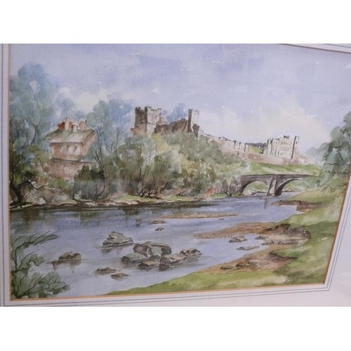 519 - Original 20thC watercolour of castle ruins next to a river. Signed by Gladys Scott, framed and glaze... 