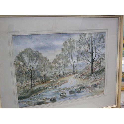 517 - Original watercolour of an Autumnal/Wintery rural scene, with a stream in a valley and rolling hills... 