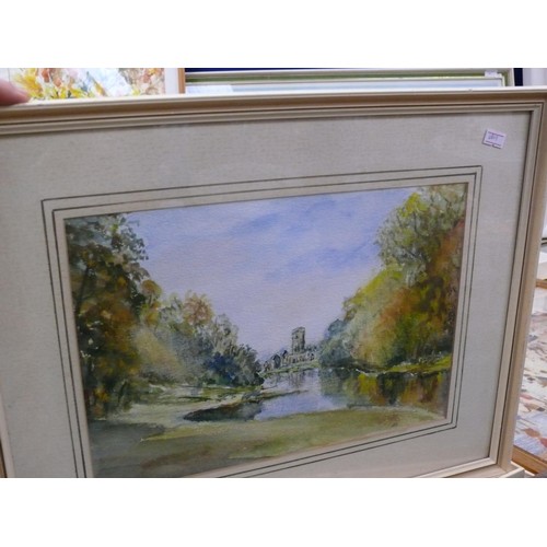 516 - Original watercolour of a river leading to a church. Signed F. Dolby, framed and glazed 48.5cm x 39c... 