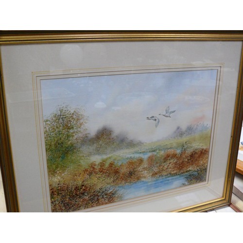 513 - Mid 20thC watercolour of a river scene with geese/swans in flight. Unsigned. 55cm x 45cm.