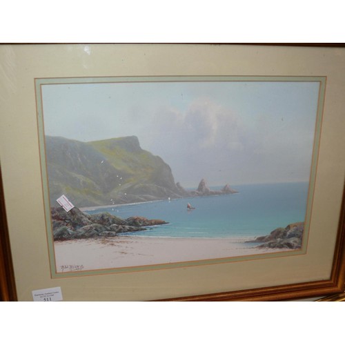 511 - Herbert William Hicks 1880 - 1944.
Watercolour/Gouche coastal scene, framed and glazed. 52cm x 41cm ... 