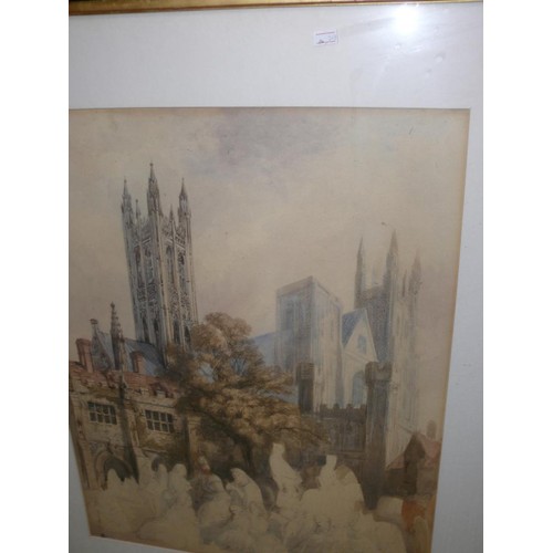 526 - Large early 20thC watercolour of a cathedral (possibly Peterborough), with ecclesiastical figures in... 