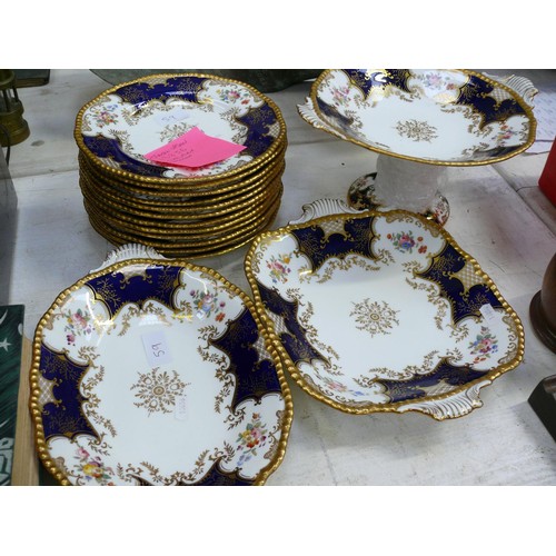 59 - Coalport Batwing Panel cobalt blue tableware. Set of 12 dinner plates, compote/tazza, bread and cake... 