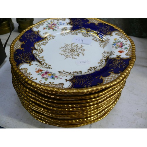 59 - Coalport Batwing Panel cobalt blue tableware. Set of 12 dinner plates, compote/tazza, bread and cake... 