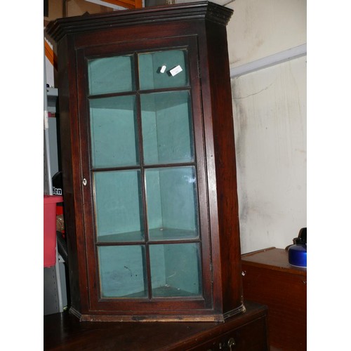 485 - Victorian glazed oak corner cabinet for restoration. With a bone escutcheon and key for the lock, on... 