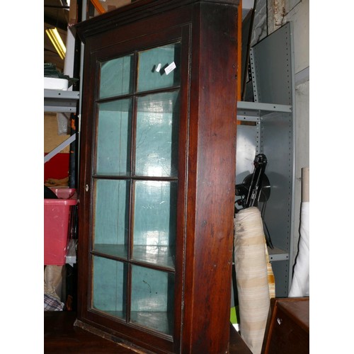 485 - Victorian glazed oak corner cabinet for restoration. With a bone escutcheon and key for the lock, on... 