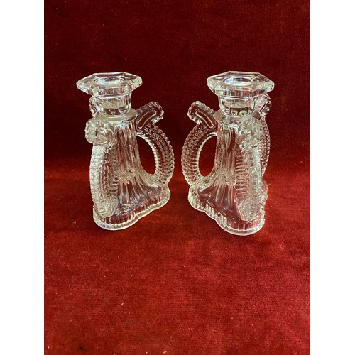 61 - Pair of Art Deco pressed glass 3 armed candlesticks. Double as bud vases when turned upside down.