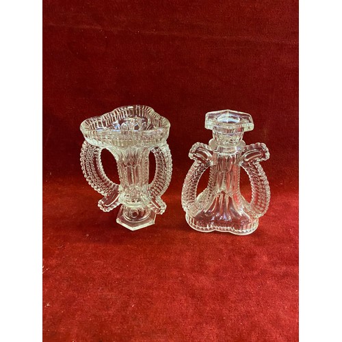 61 - Pair of Art Deco pressed glass 3 armed candlesticks. Double as bud vases when turned upside down.