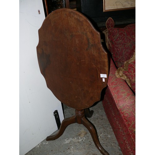 457 - Victorian mahogany tilt top wine/occasional side table with three feet and a ring turned column.