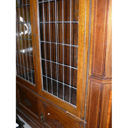 464 - Edwardian oak arts and crafts style bookcase, with leaded glass doors and bobbin bead moulding. 4x s... 