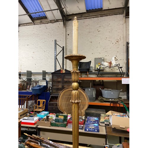 107 - Early 20thC gold pine column floor lamp, carved with acanthus details and a fluted stem, with a melt... 