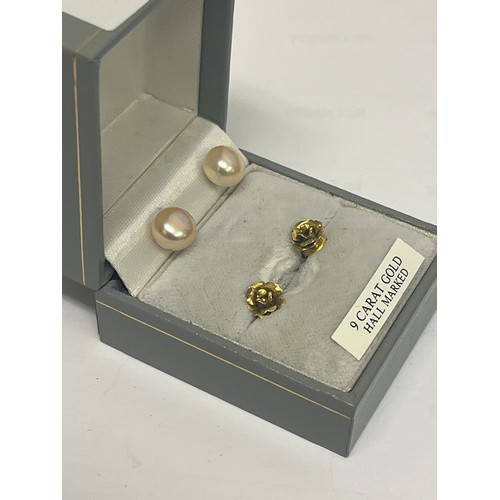 3 - A PAIR 9CT GOLD ROSE AND A PAIR OF REAL PEARL EARRINGs