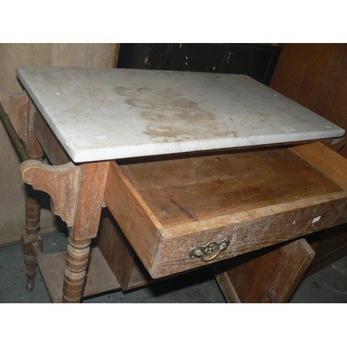 439 - Edwardian oak washstand with white mottled marble top (Detached).