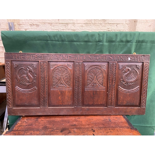 60A - Antique Welsh oak panel, carved with Welsh dragons and ‘The wheel of time will never stand still’. L... 