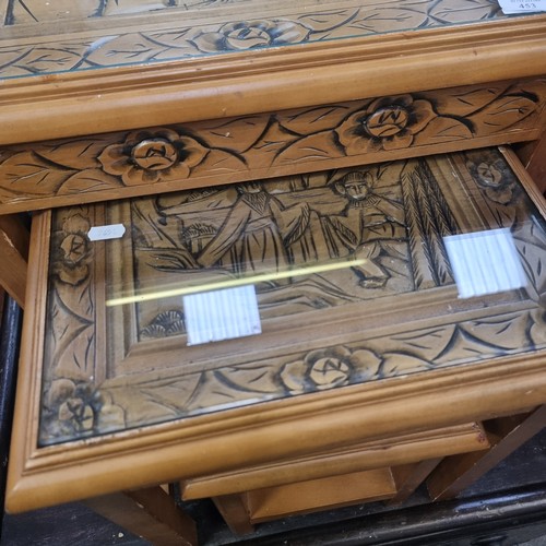 453 - Nest of three georgeous vintage coffee tables with detailed chinese carvings. 2x with glass tops.