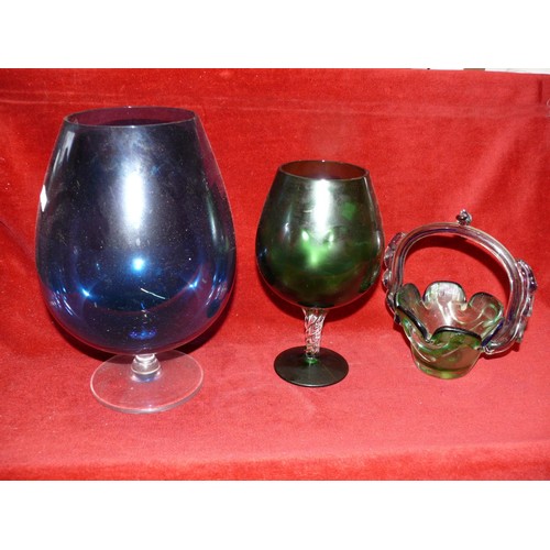 75 - LARGE AMBER GLASS PEDESTAL BOWL PLUS A LARGE BLUE BRANDY GLASS, GREEN BRANDY GLASS AND A GREEN GLASS... 