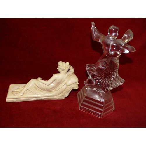 83 - VINTAGE ITALIAN ALABASTER GODDESS STATUE SIGNED A. GIANNETTI AND A GLASS FIGURINE OF A DANCING COUPL... 