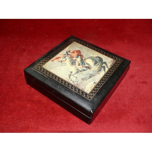 88 - A SET OF RETRO CORK COASTERS IN A FITTED BOX WITH NAPOLEON. MADE IN SWEDEN BY DESIGN PHILLIP