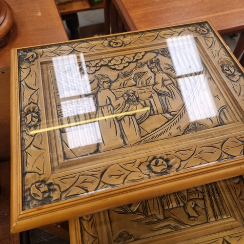 334 - Nest of three gorgeous vintage coffee tables with detailed chinese carvings. 2x with glass tops.