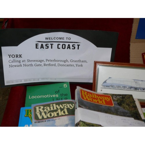 324 - TRAY OF RAILWAY EPHEMERA CONSISTING OF 2 METAL SIGNS, 1940'S-50'S PHOTOS AND POSTCARDS, 2 FRAMED TRA... 