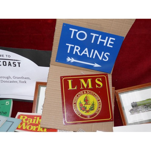 324 - TRAY OF RAILWAY EPHEMERA CONSISTING OF 2 METAL SIGNS, 1940'S-50'S PHOTOS AND POSTCARDS, 2 FRAMED TRA... 