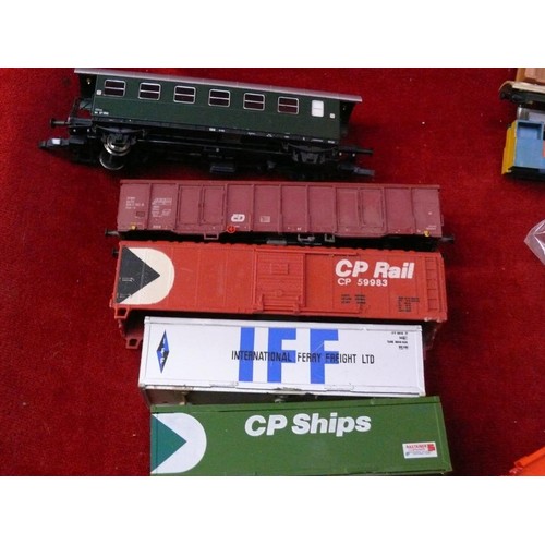 326 - BOX OF GOODS VEHICLES, CONTAINERS AND WAGONS SOME FOR SPARES PLUS FIGURES