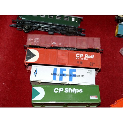 326 - BOX OF GOODS VEHICLES, CONTAINERS AND WAGONS SOME FOR SPARES PLUS FIGURES