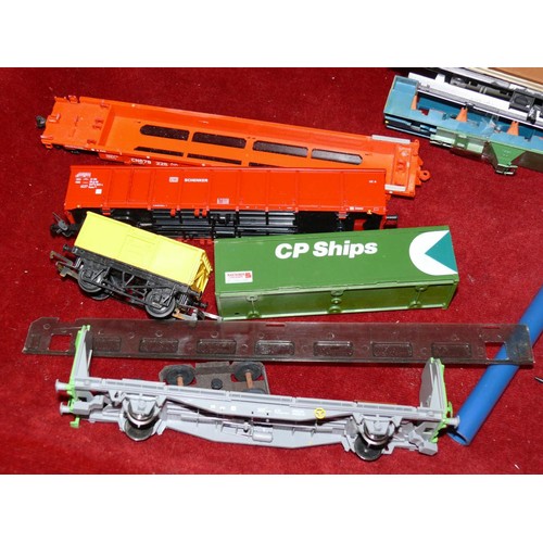 326 - BOX OF GOODS VEHICLES, CONTAINERS AND WAGONS SOME FOR SPARES PLUS FIGURES