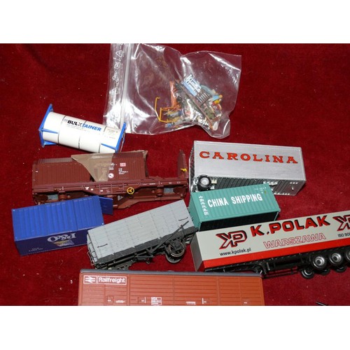 326 - BOX OF GOODS VEHICLES, CONTAINERS AND WAGONS SOME FOR SPARES PLUS FIGURES