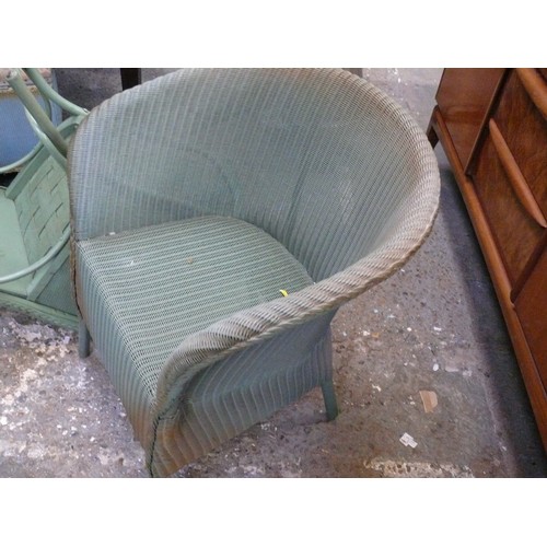 338 - A VINTAGE LLOYD LOOM WICKER CHAIR PLUS A FURTHER ONE IN SIMILAR STYLE AND AN OTTOMAN WITH PADDED SEA... 