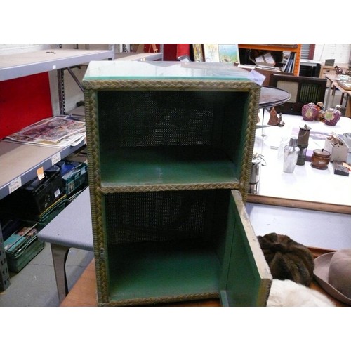 340 - A VINTAGE WICKER BEDSIDE PLUS A SMALL OTTOMAN WITH CONTENTS