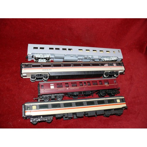 347 - TRAY OF 9 COACHES CONSISTING OF HORNBY, LIMA, BACCHMANN AND TRI-ANG PLUS GOODS VEHICLES AND SPARES