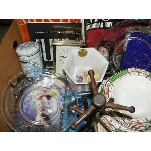 353 - 2 BOXES OF COLLECTABLE AND DECORATIVE ITEMS TO INCLUDE CARRIAGE CLOCK, DRESSING TABLE ITEMS, GLASSWA... 