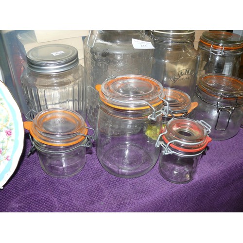 233 - NICE SELECTION OF GLASS STORAGE JARS MOSTLY KILNER AND A CHICKEN HEAD