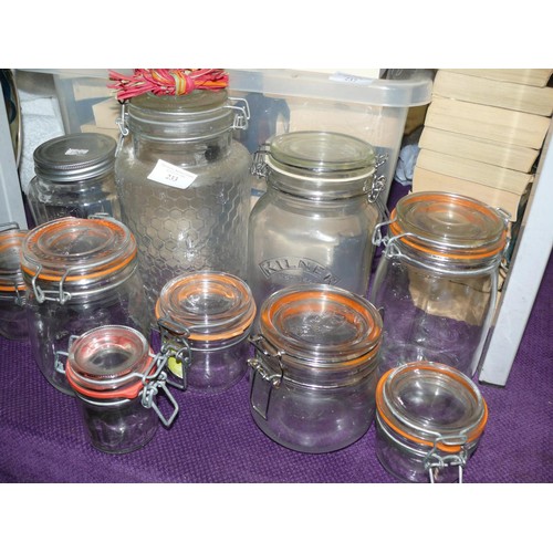 233 - NICE SELECTION OF GLASS STORAGE JARS MOSTLY KILNER AND A CHICKEN HEAD