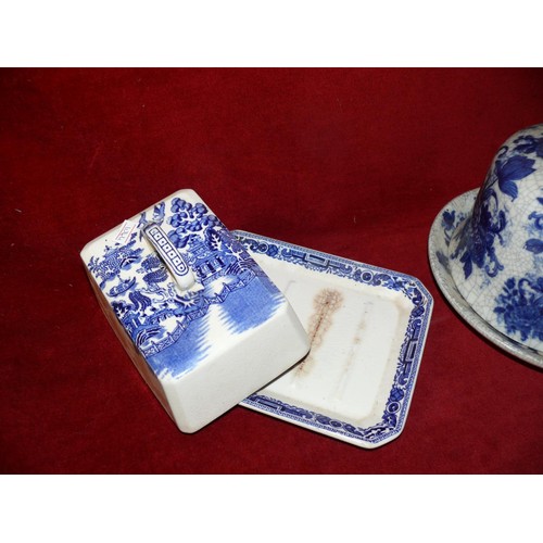 234 - VINTAGE BLUE AND WHITE CHEESE DOME AND A BLUE AND WHITE BUTTER DISH