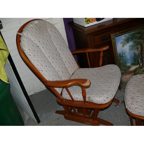 364 - WOODEN ROCKING CHAIR WITH STOOL AND FLORAL CUSHIONS