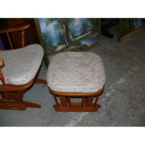 364 - WOODEN ROCKING CHAIR WITH STOOL AND FLORAL CUSHIONS