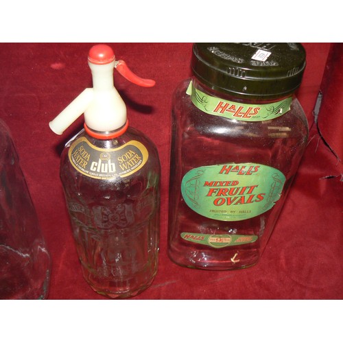 303 - 2 LARGE VINTAGE GLASS JARS PLUS A CANTRELL & COCHRANE SODA SYPHON