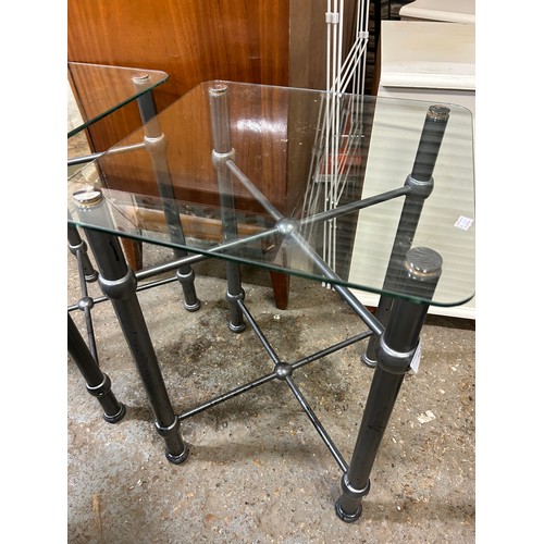 474 - PAIR GREY METAL AND GLASS TOP SIDE TABLES