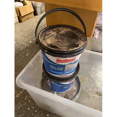 278 - 2 LARGE TUBS OF TILE ADHESIVE PLUS A TUB OF PAINT