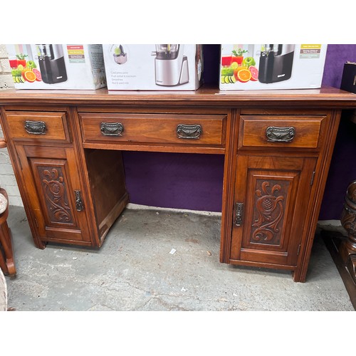 370 - VINTAGE WALNUT PEDASTAL DESK WITH CARVED PANELS